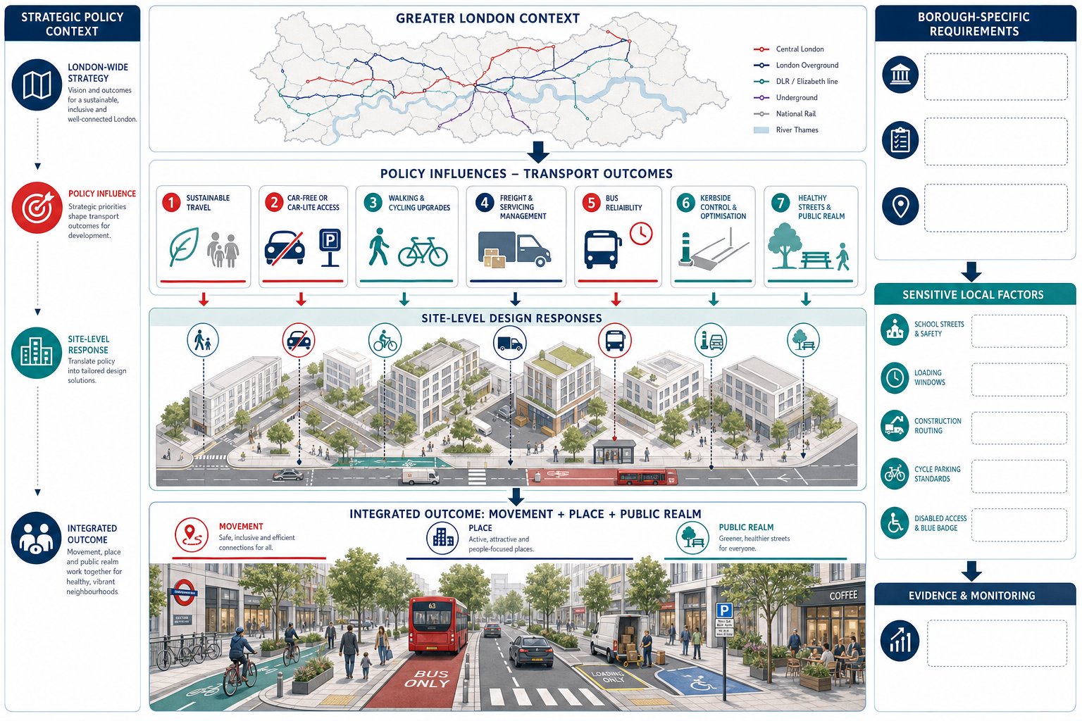 Infographic showing how London planning policy shapes transport design requirements.