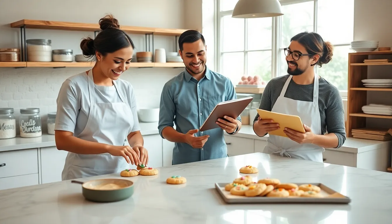 diverse bakers creating innovative cookies in a modern kitchen.