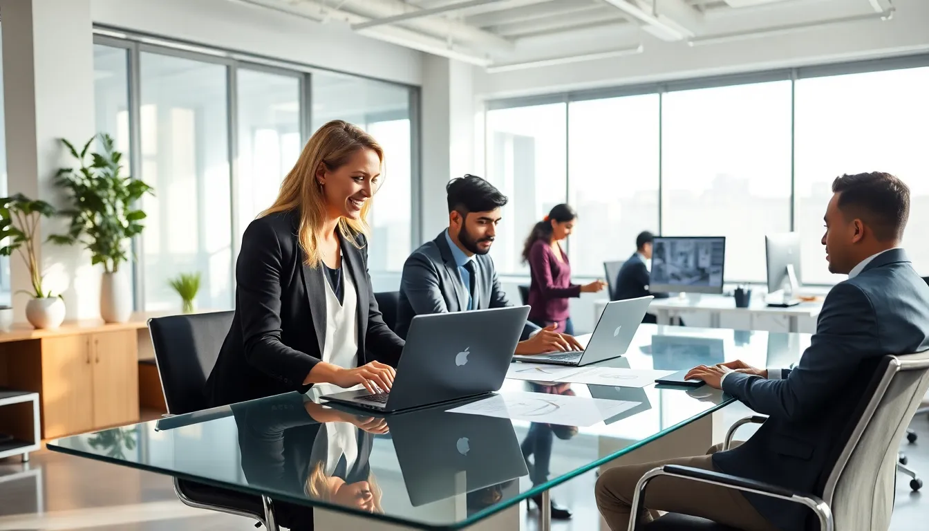 diverse team collaborating in a modern office with CAD software.