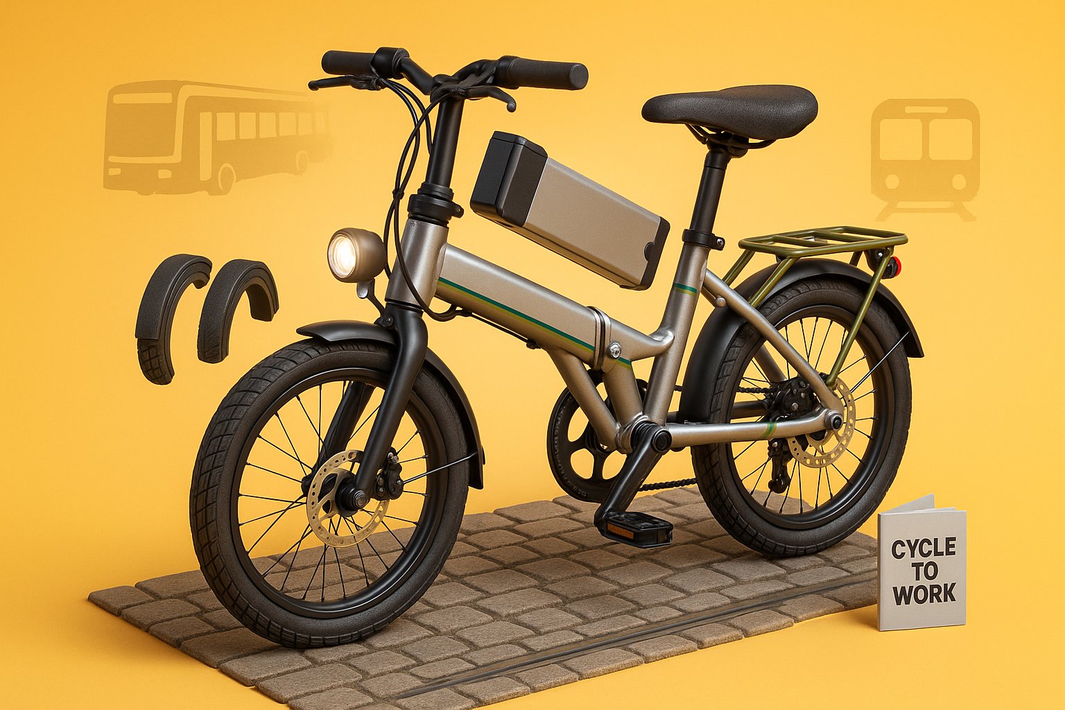 3D render of a folded electric commuter bike on Dublin cobbles