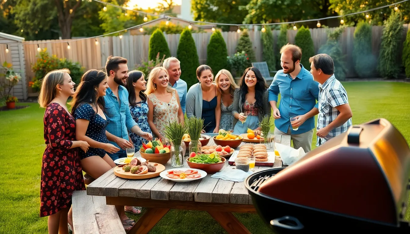 diverse group celebrating a budget-friendly birthday barbecue in a backyard.