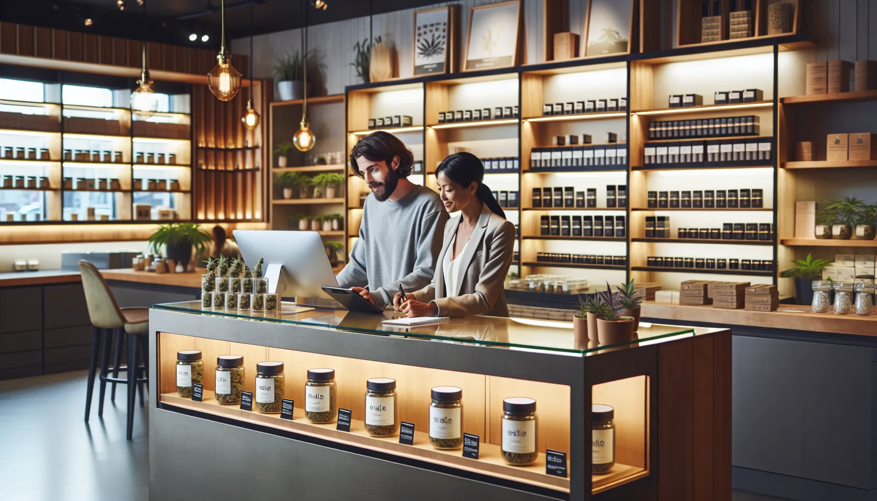 A cannabis dispensary interaction with a staff member assisting a patron.