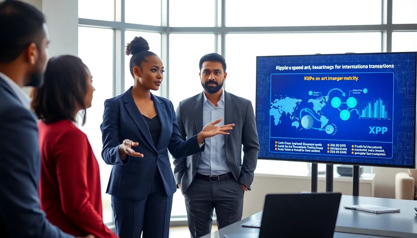 diverse team discussing Ripple's impact on cryptocurrency in a modern office.