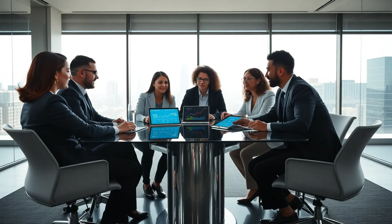 professionals discussing number sequences in a modern office setting.
