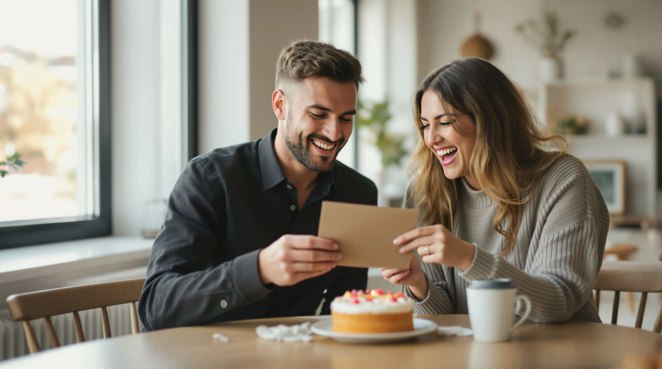 Two friends laughing over a handwritten birthday card in a cozy café setting.