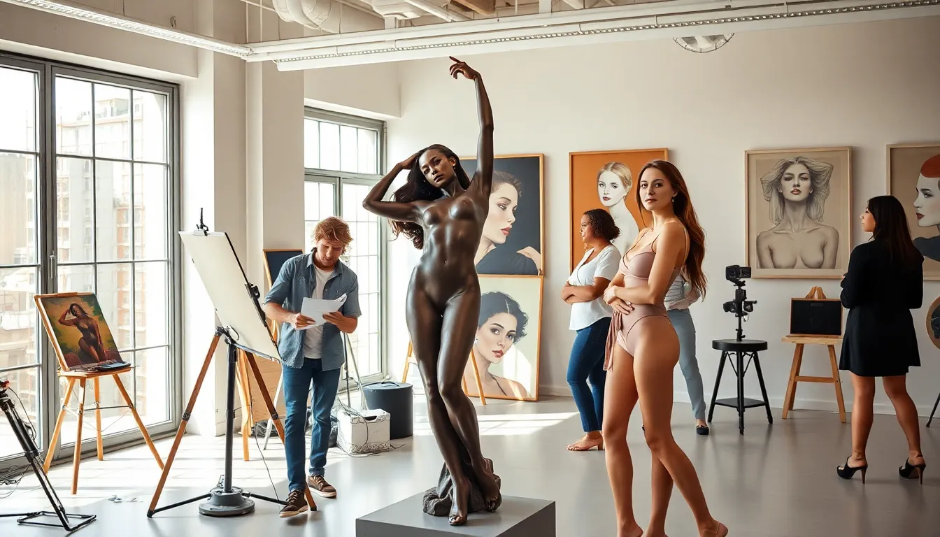diverse artists in an art studio focusing on feminine beauty.