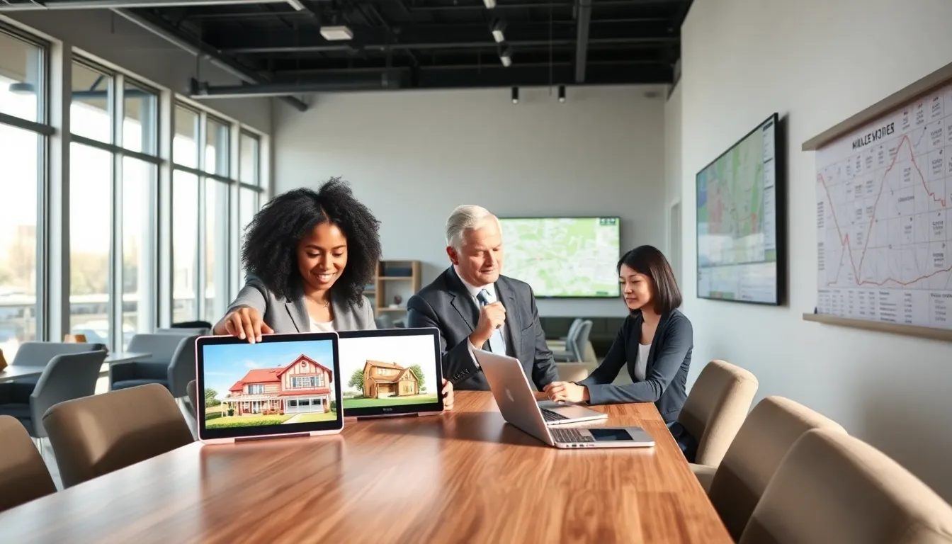 three real estate agents collaborating in a modern office setting.