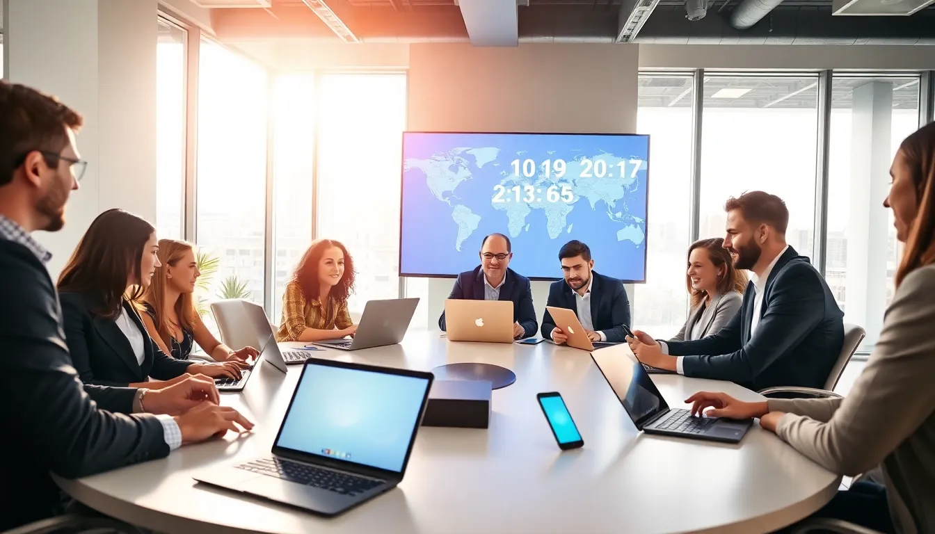 diverse professionals in a video conference using technology.