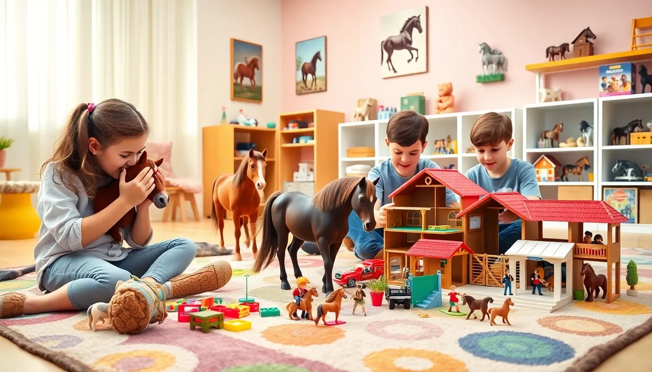 children playing with various horse toys in a colorful playroom.