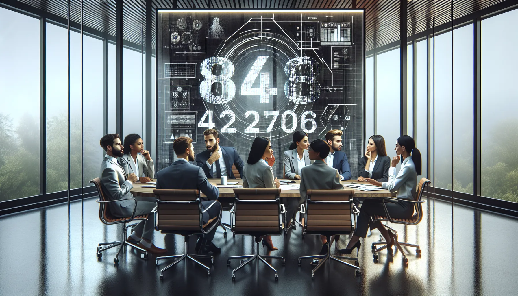diverse team discussing significance of the number 8642029706 in a modern office.
