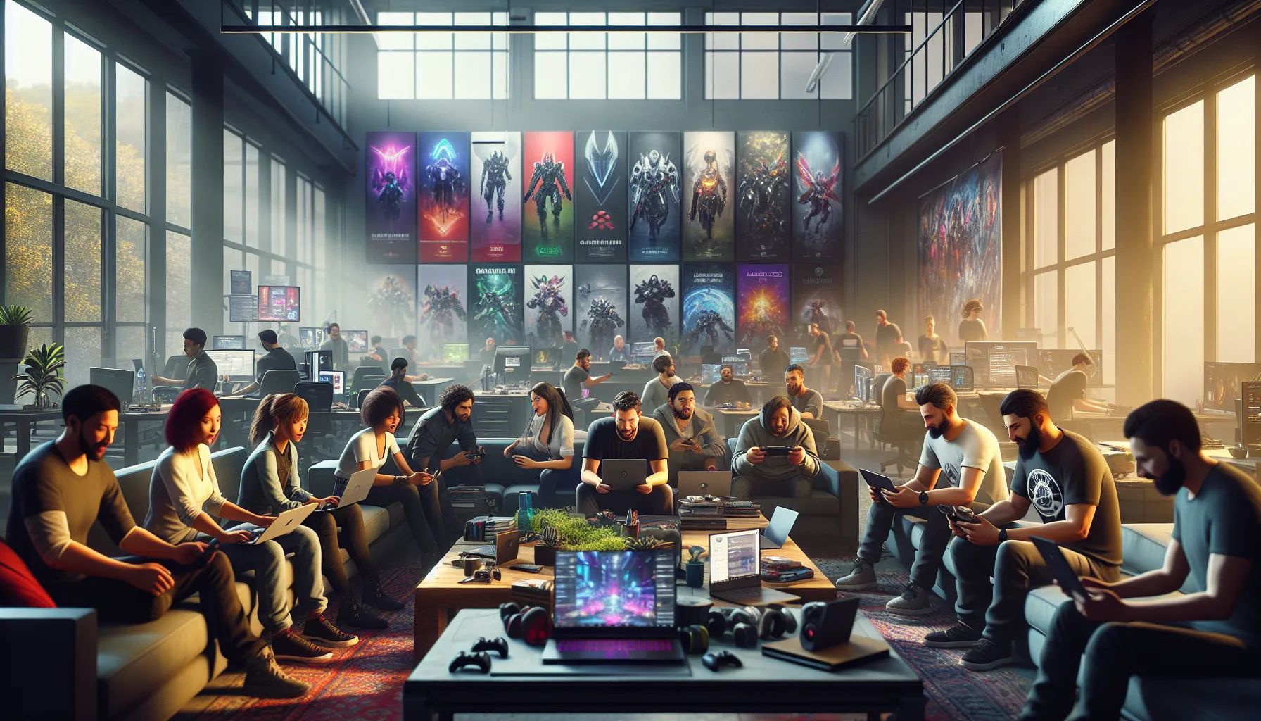 diverse team of gamers collaborating in a modern workspace.