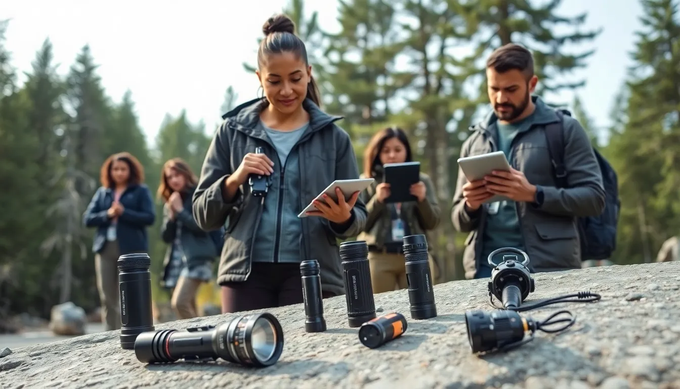 a diverse group using survival gadgets in an outdoor setting.