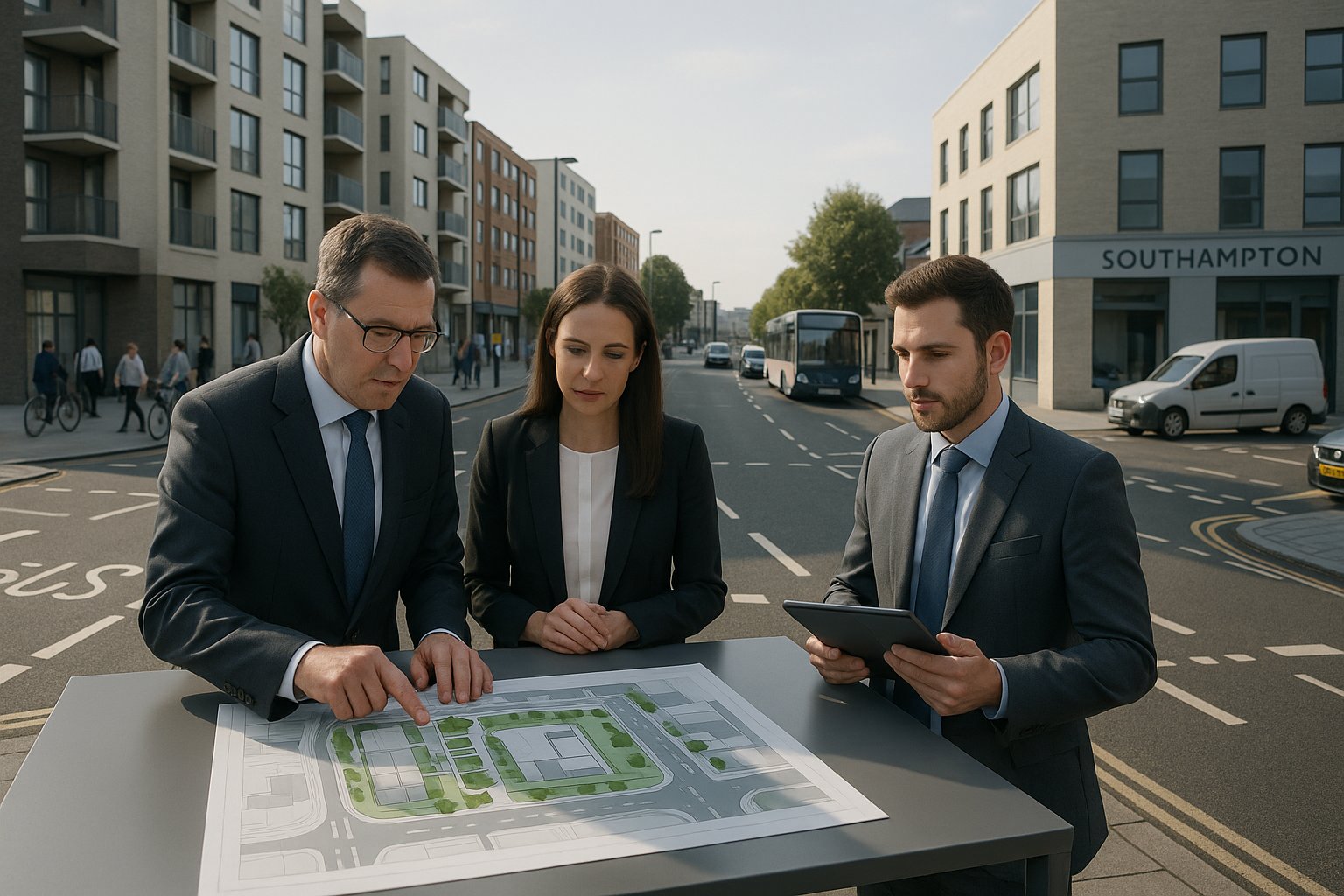Transport planners reviewing a Southampton development with roads, parking, and mixed-use buildings.