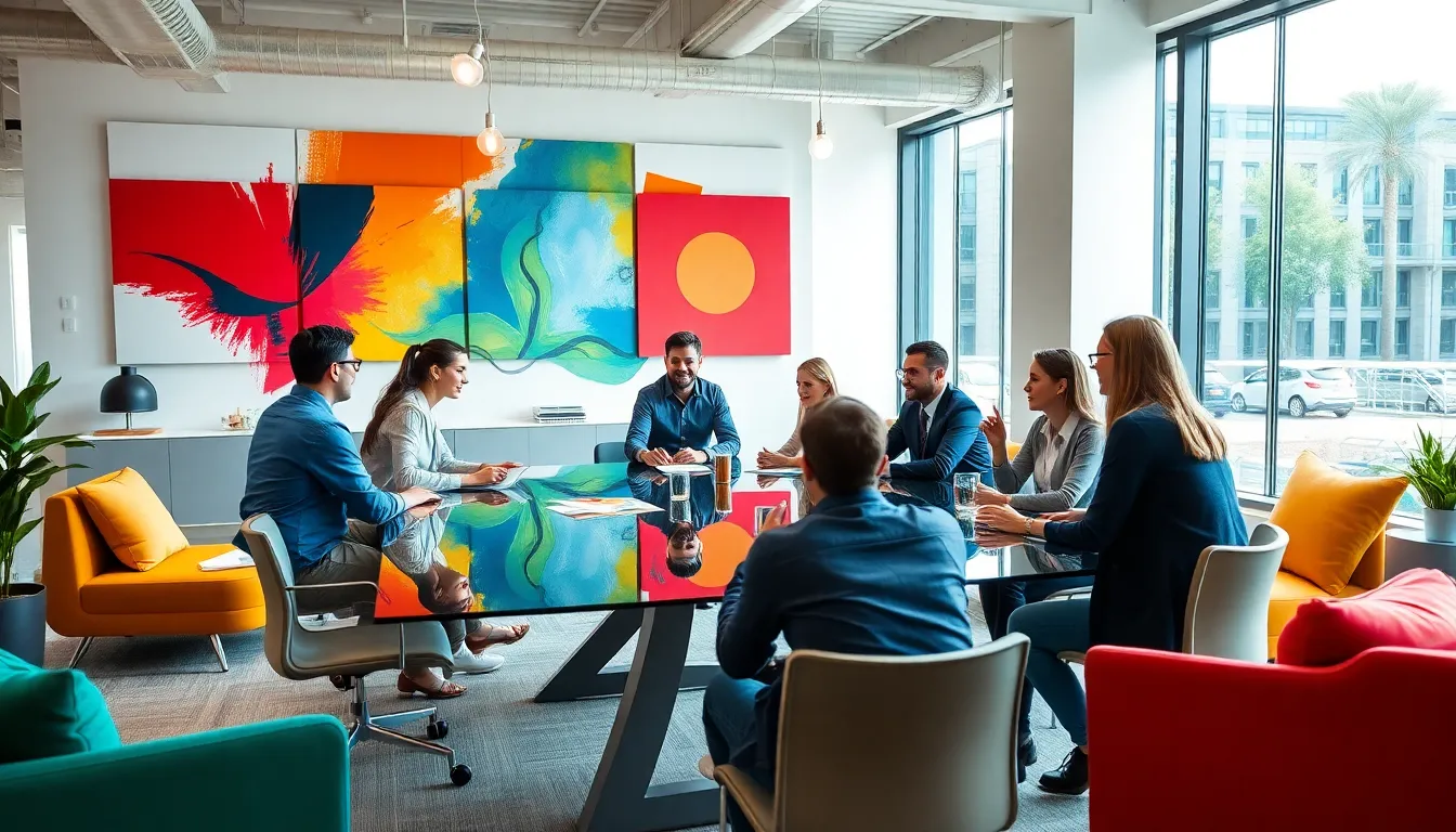 diverse team collaborating in a vibrant tech startup office.