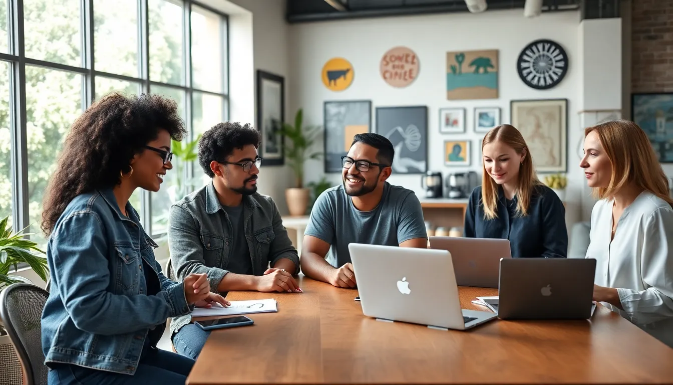 diverse individuals discussing ideas in a modern coworking space.