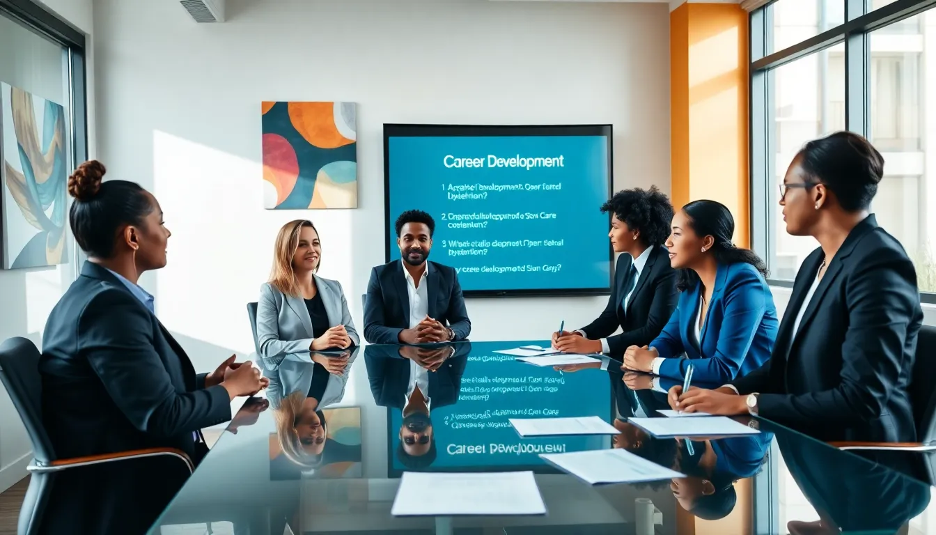 diverse professionals collaborating on career development in a modern office.