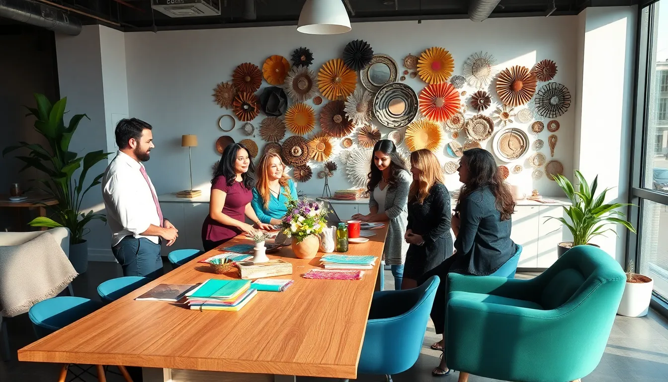 event planners collaborating with thrifted decor in a bright setting.