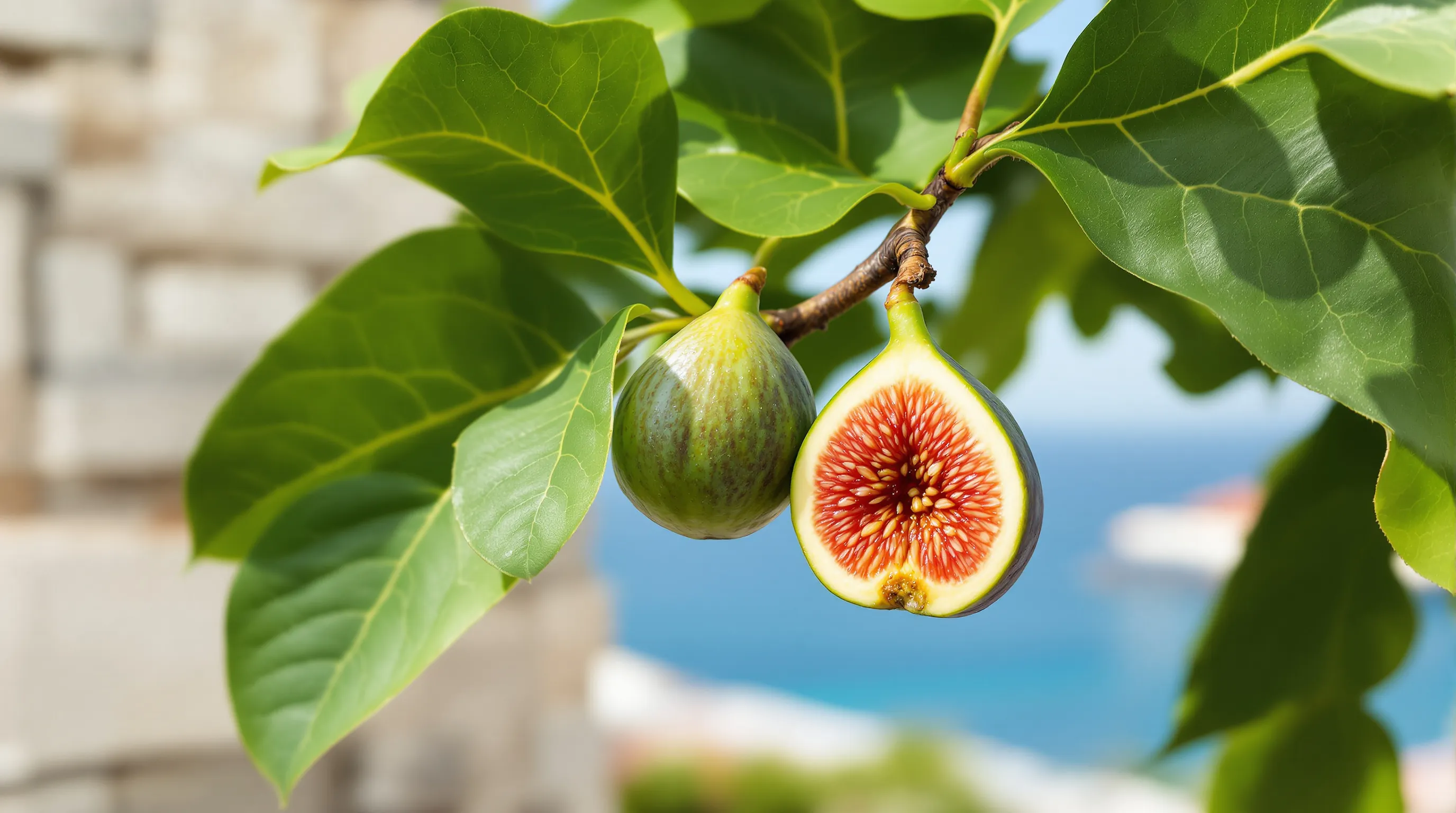 Fig leaves and halved ripe fig against a blurred Adriatic coastal backdrop.