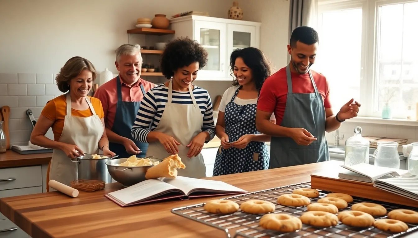 diverse team joyfully baking in a warm kitchen setting.