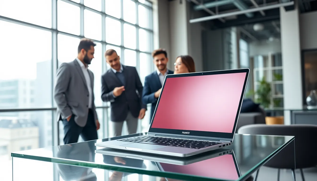 A Huawei MateBook laptop in a modern office with professionals collaborating.