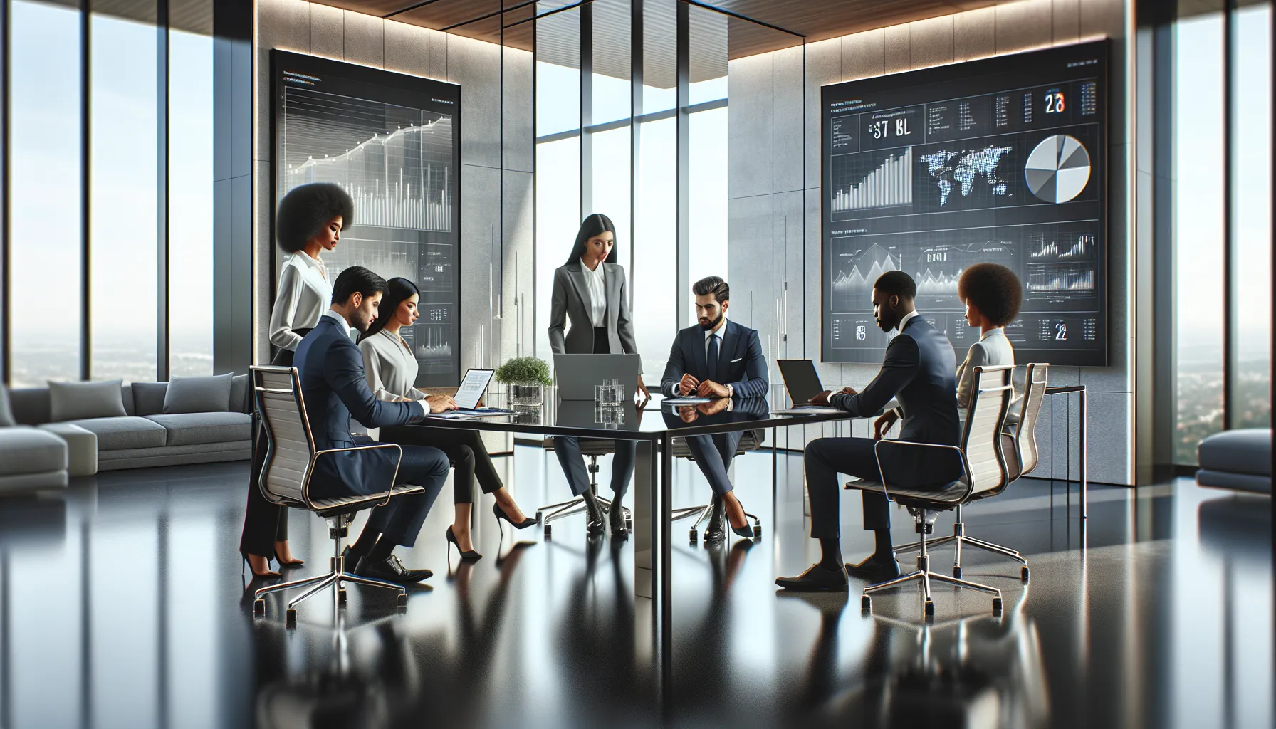 diverse team analyzing phone data in a modern office.