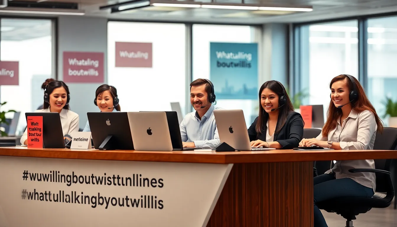 diverse customer service team assisting clients at a modern office desk.
