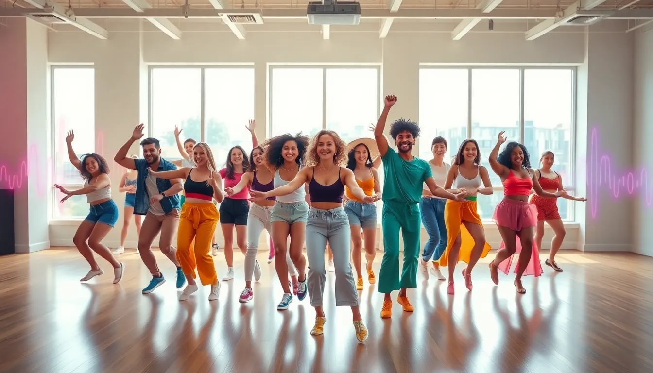 diverse dancers enjoying dance in a vibrant studio.