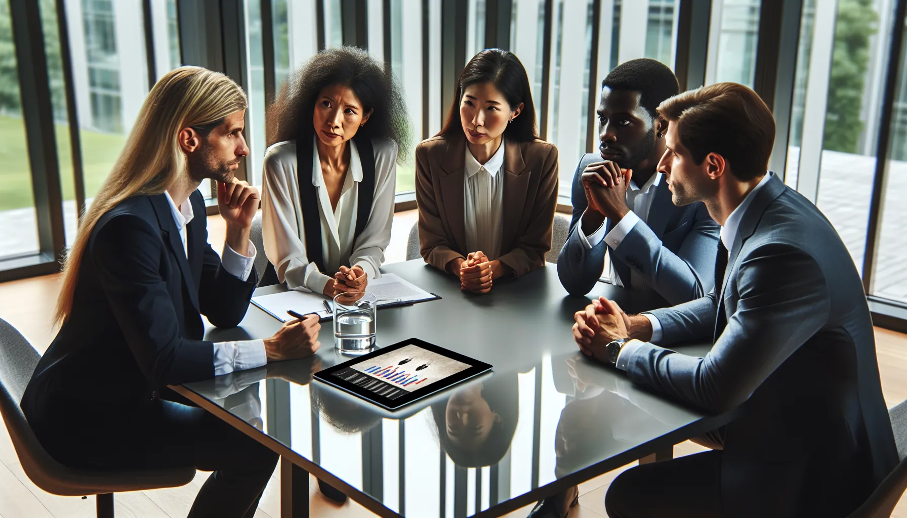 diverse professionals discussing cultural challenges in a modern office
