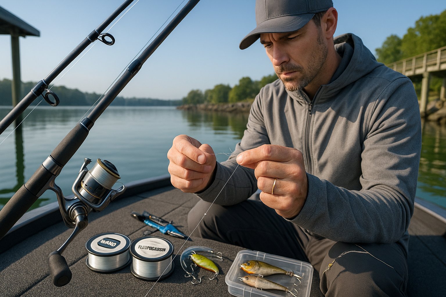 Angler checking a damaged fishing line on a boat.