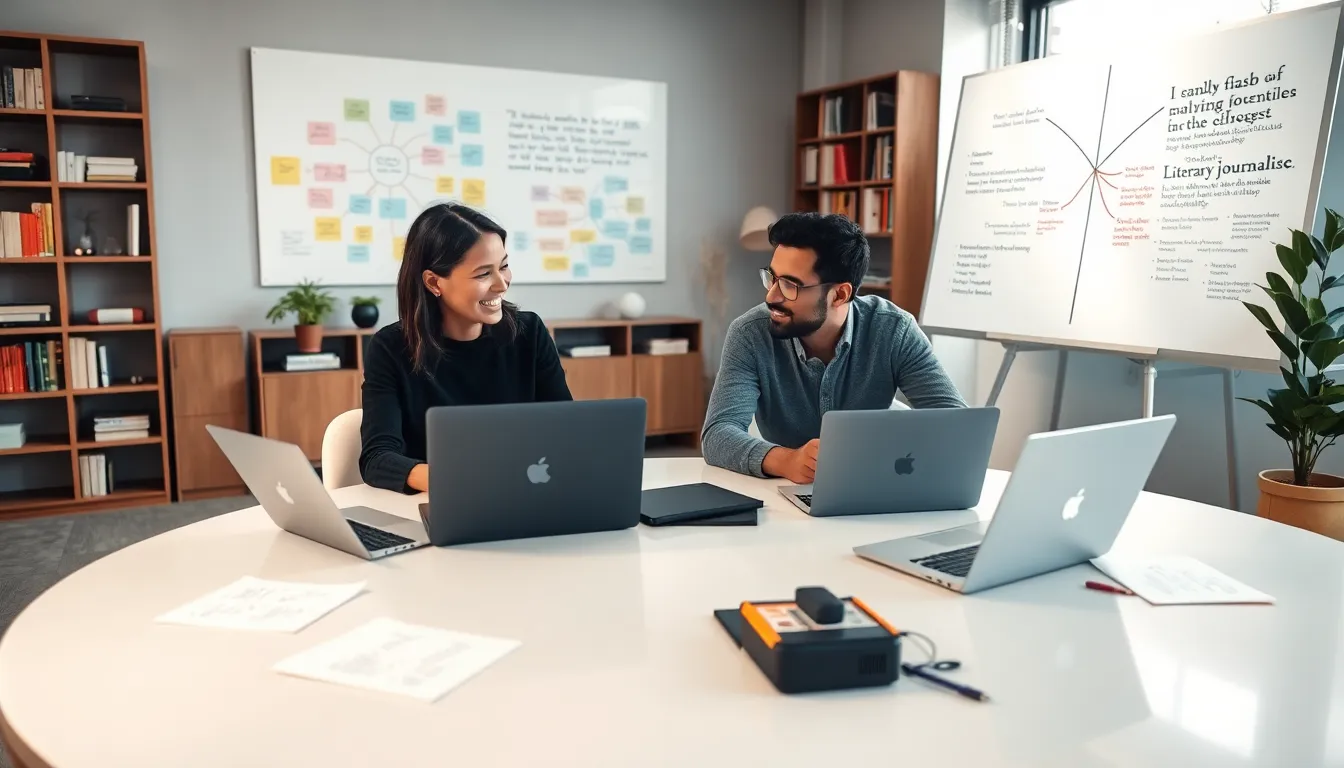 diverse team of journalists collaborating in a modern office setting.