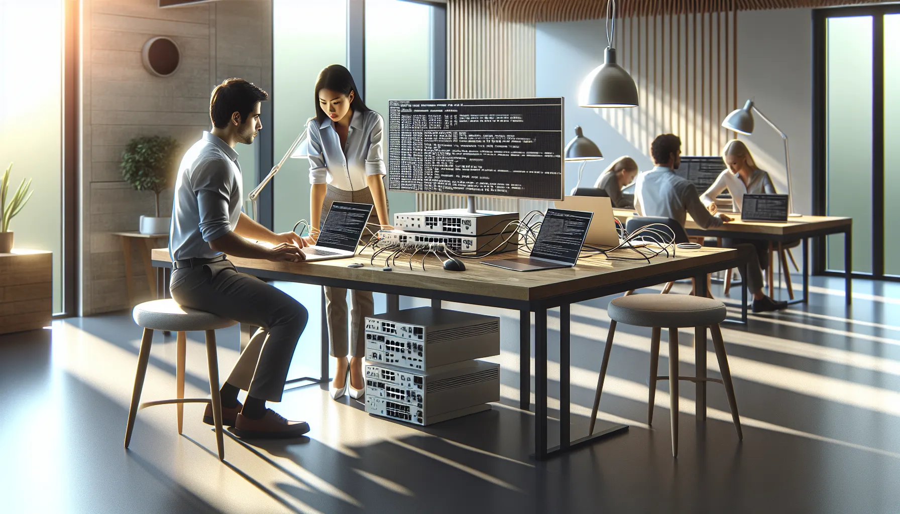 diverse IT team troubleshooting software installation issues in a modern office.