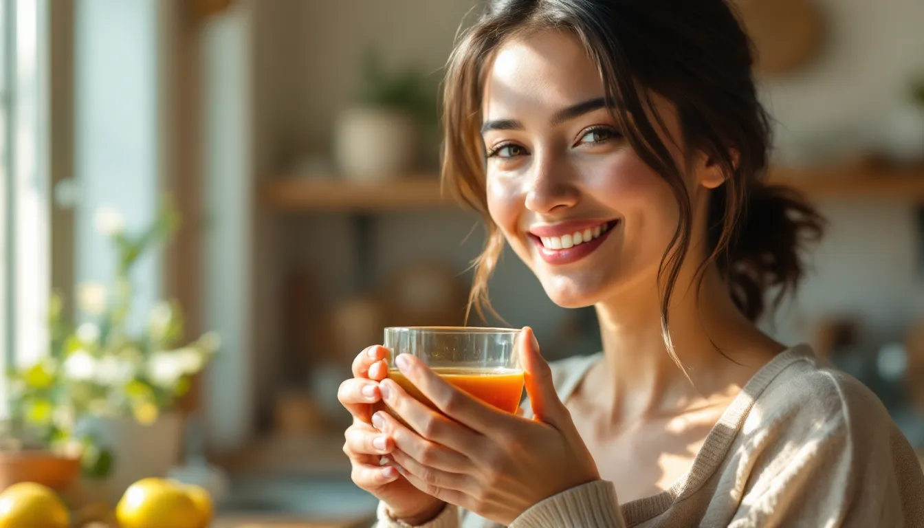 Woman in a sunlit kitchen holding a cup of warm saltwater for gargling.