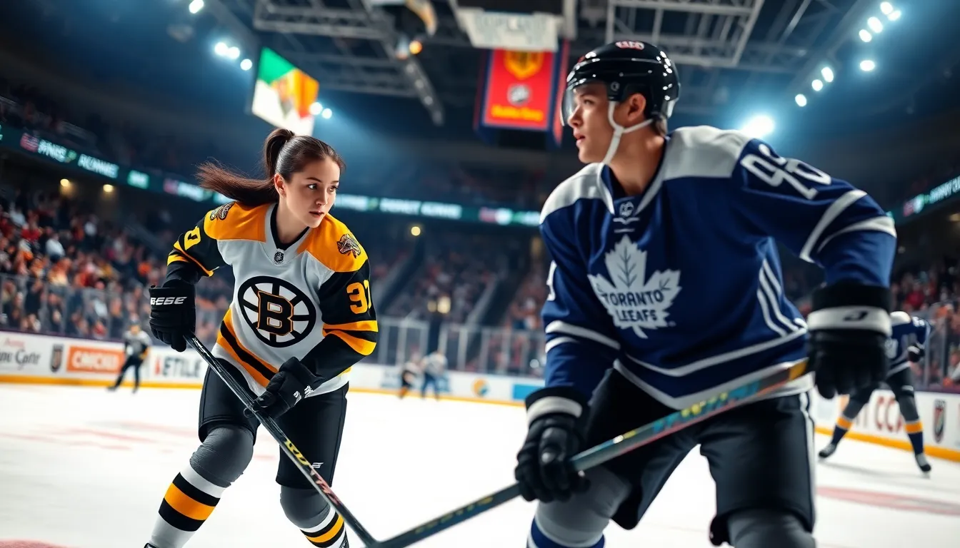 A female hockey player in a Bruins jersey skillfully maneuvers the puck on ice.