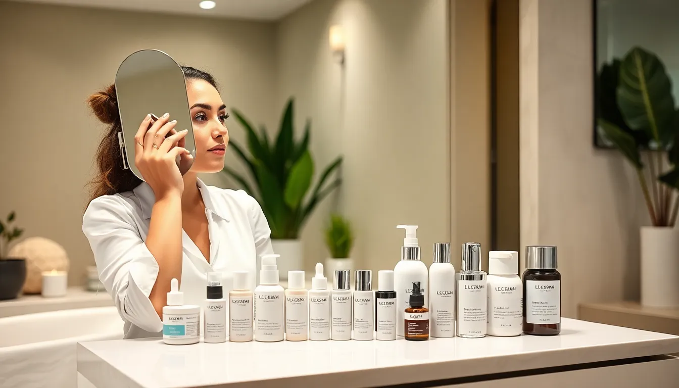 woman assessing her skincare products in a modern bathroom.