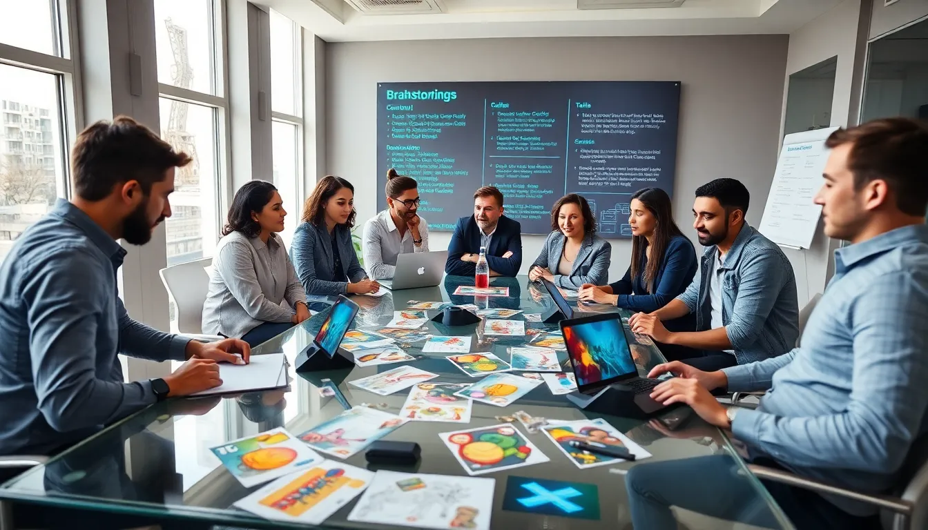diverse team brainstorming in a modern workspace.