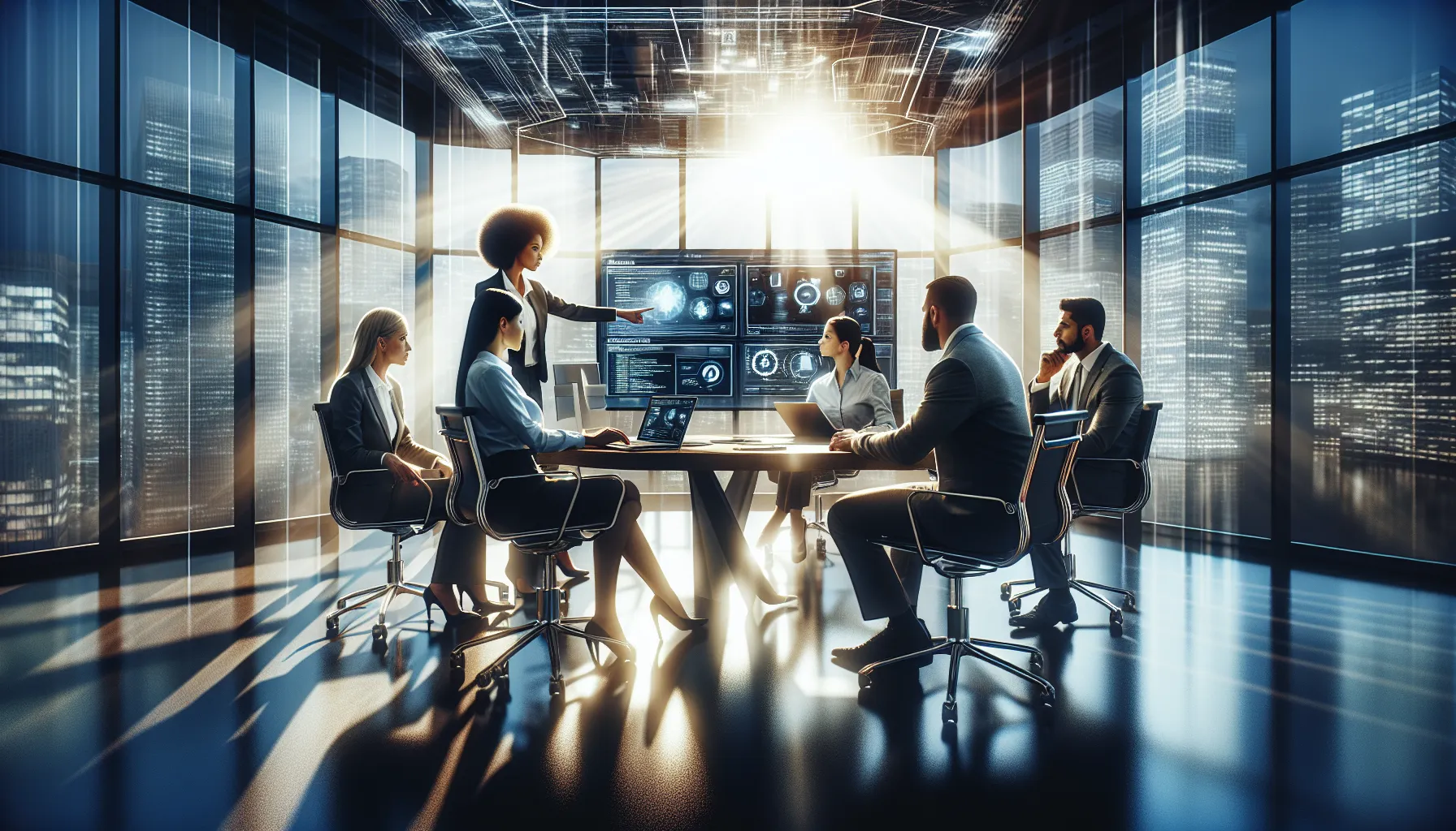 IT professionals discussing software patching in a modern office.