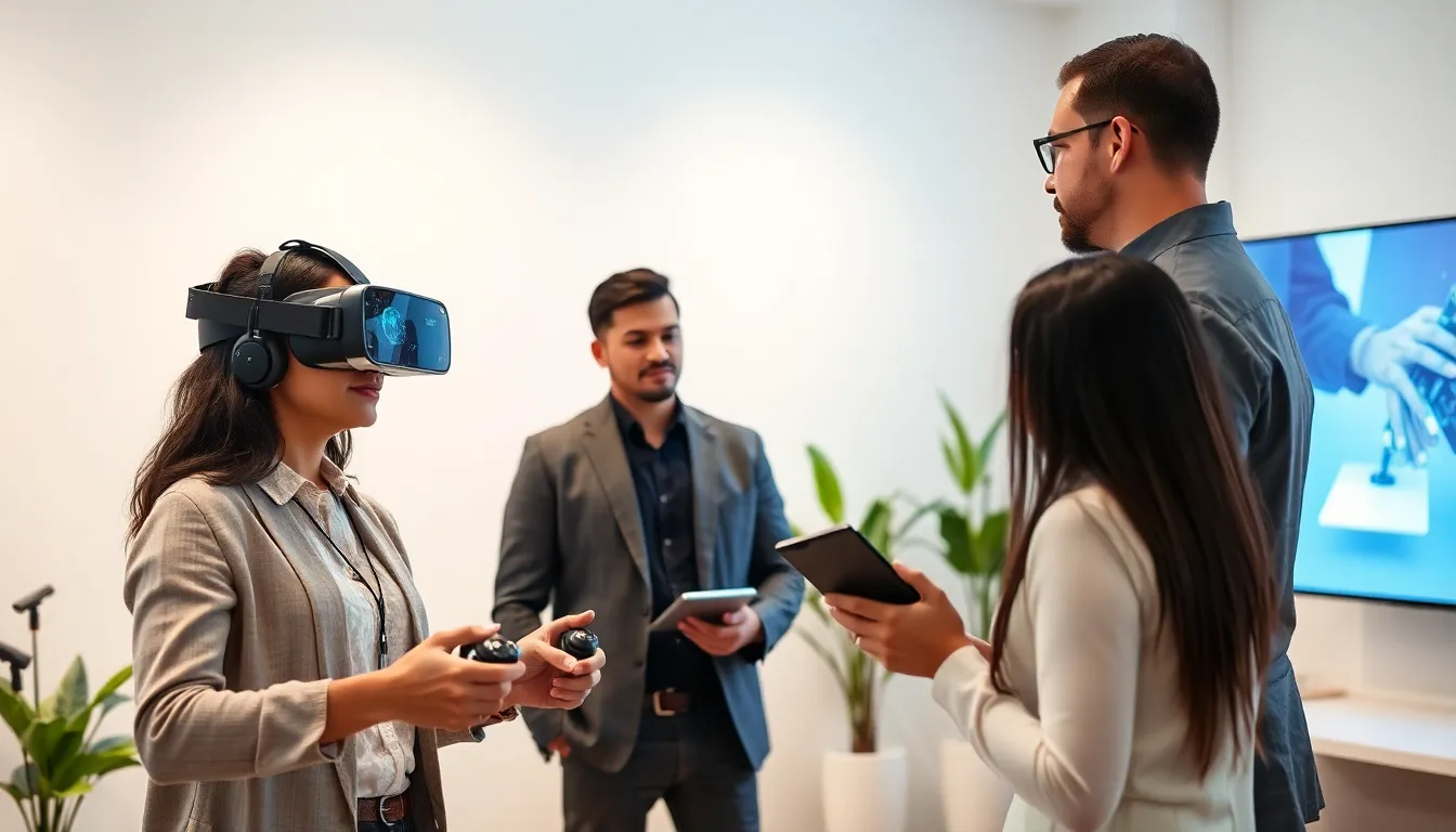 professionals engaged with virtual reality technology in a modern office.