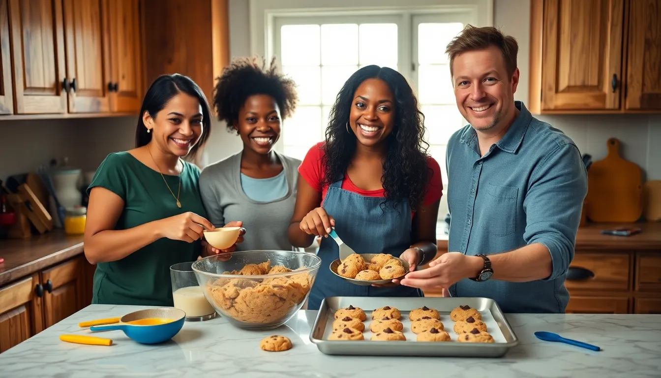 diverse group baking cookies in a warm kitchen setting.