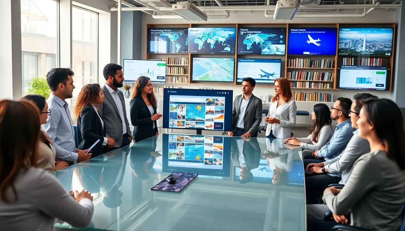 diverse team collaborating on search technology in a modern office.