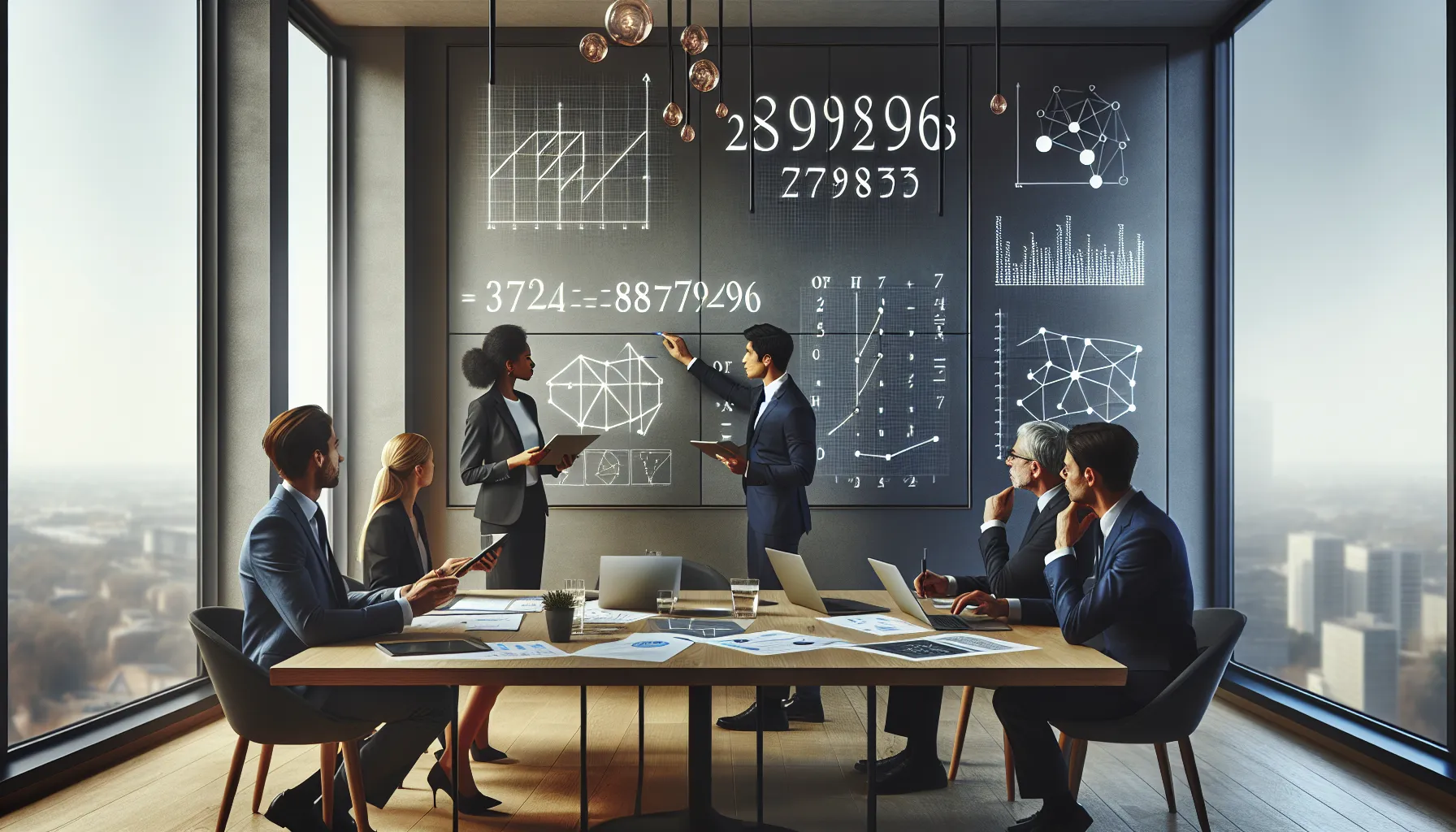 diverse mathematicians discussing numerical characteristics in a modern office.