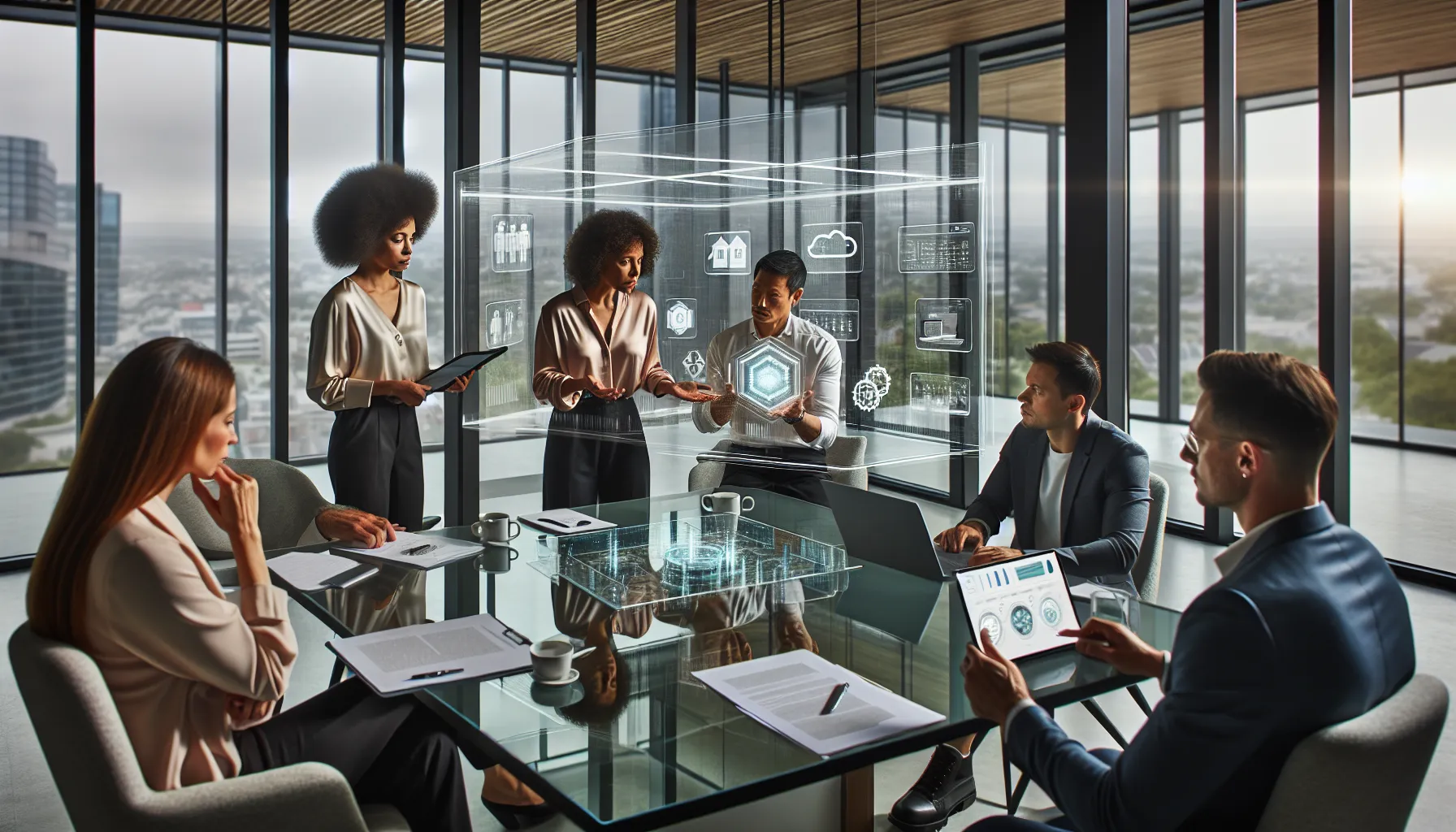 professionals discussing technology applications in a modern office setting.