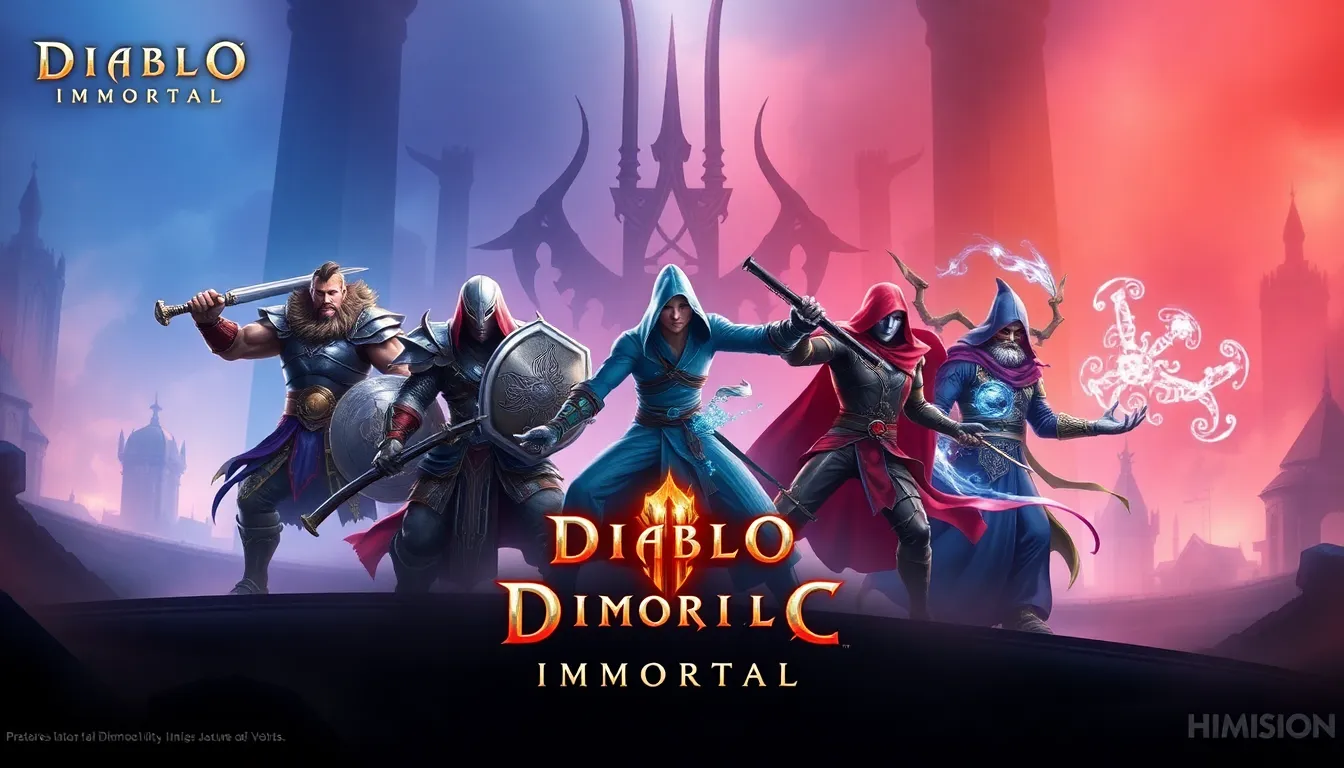 illustrations of six character classes from Diablo Immortal.