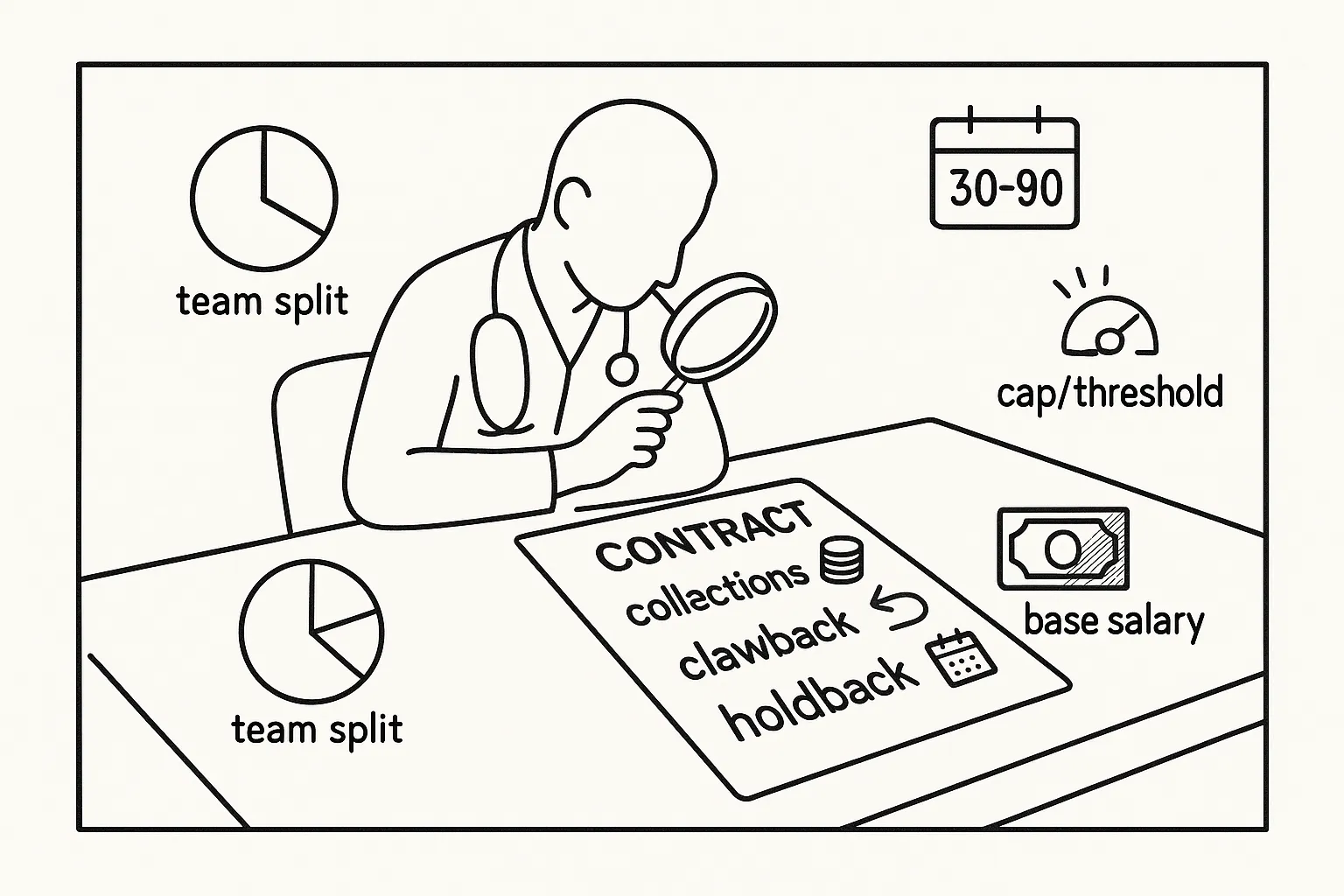 Veterinarian examines a contract with magnifying glass highlighting pay pitfalls.