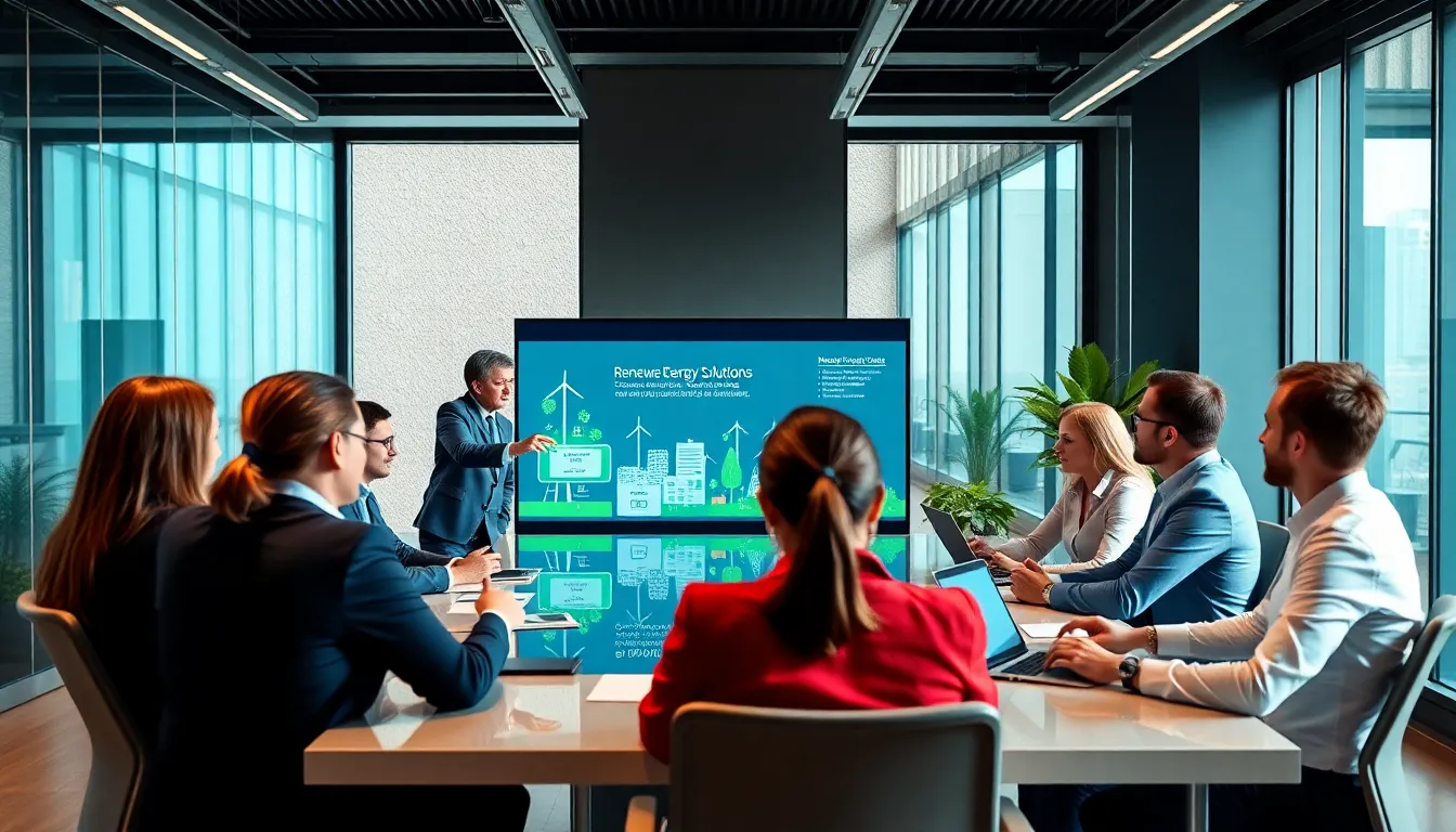 diverse team discussing renewable energy solutions in a modern office.