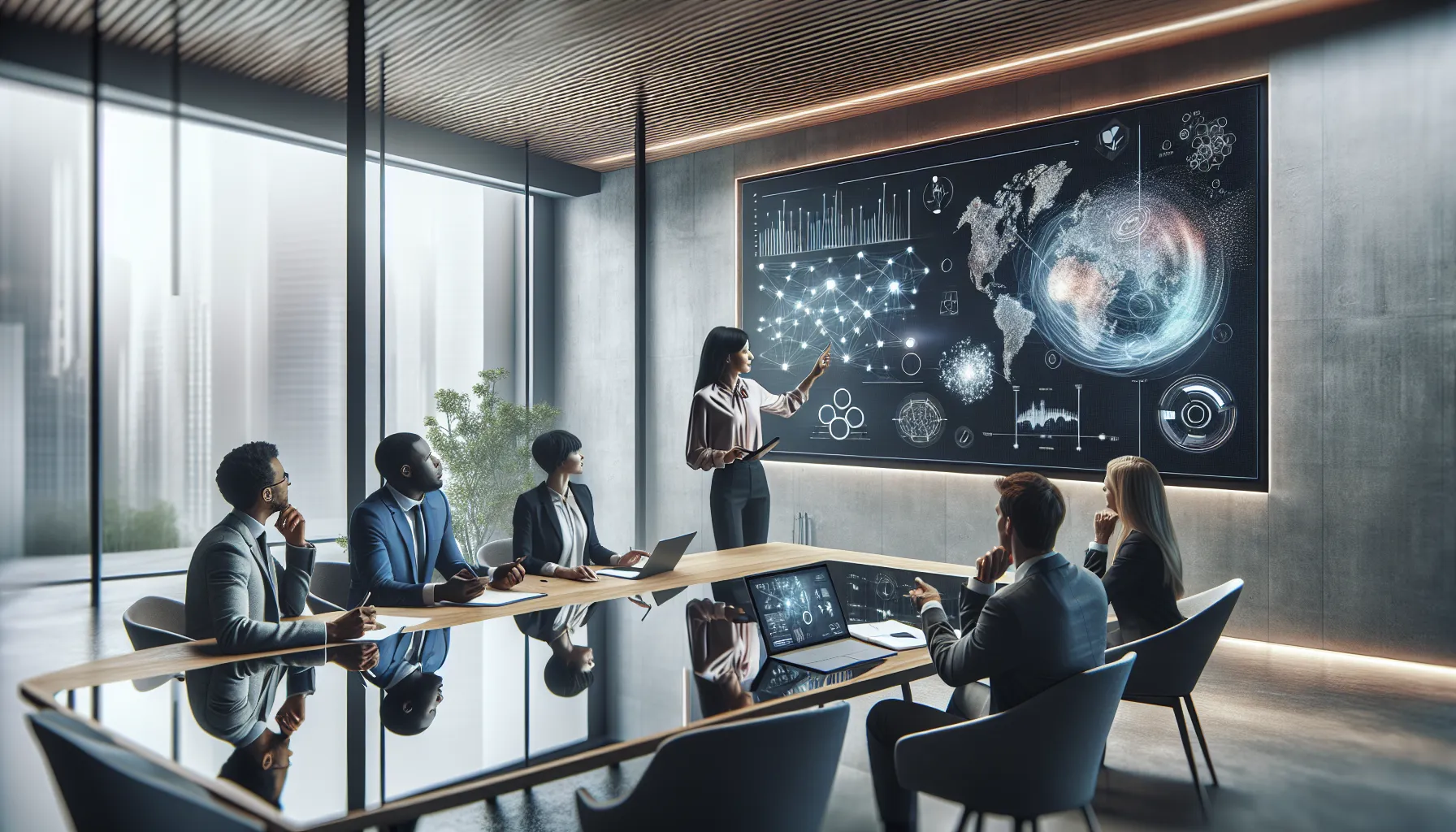 diverse professionals discussing a concept in a modern conference room.