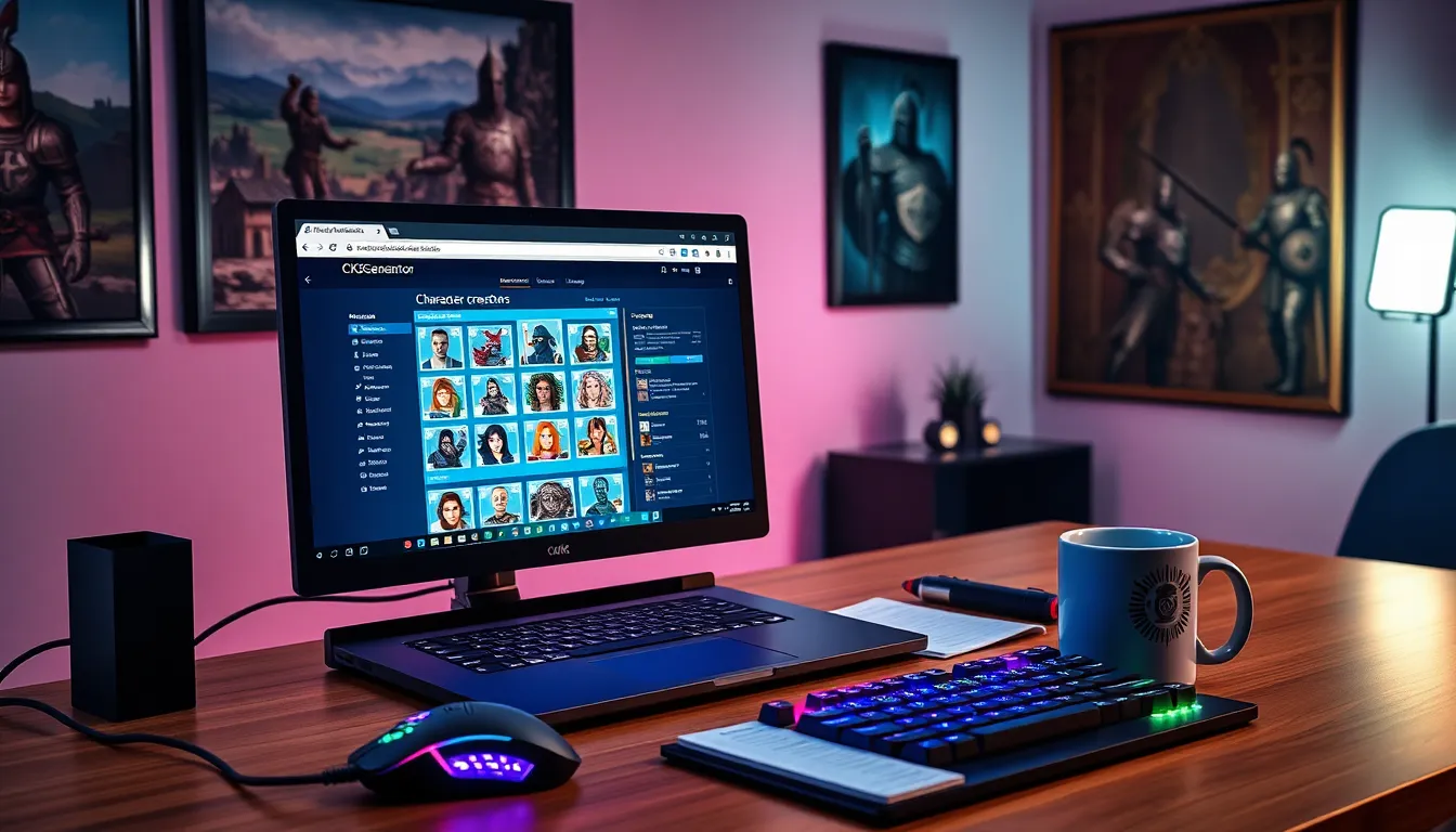 a laptop displaying CK2Generator for Crusader Kings II character creation.