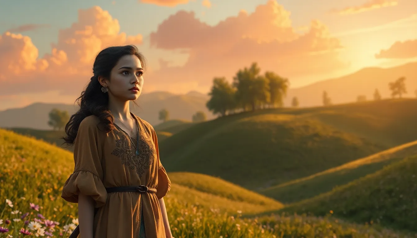 a young woman in a fantasy landscape, reflecting on her journey.