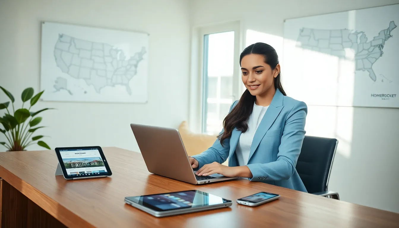 a young woman using a laptop in a modern home office.