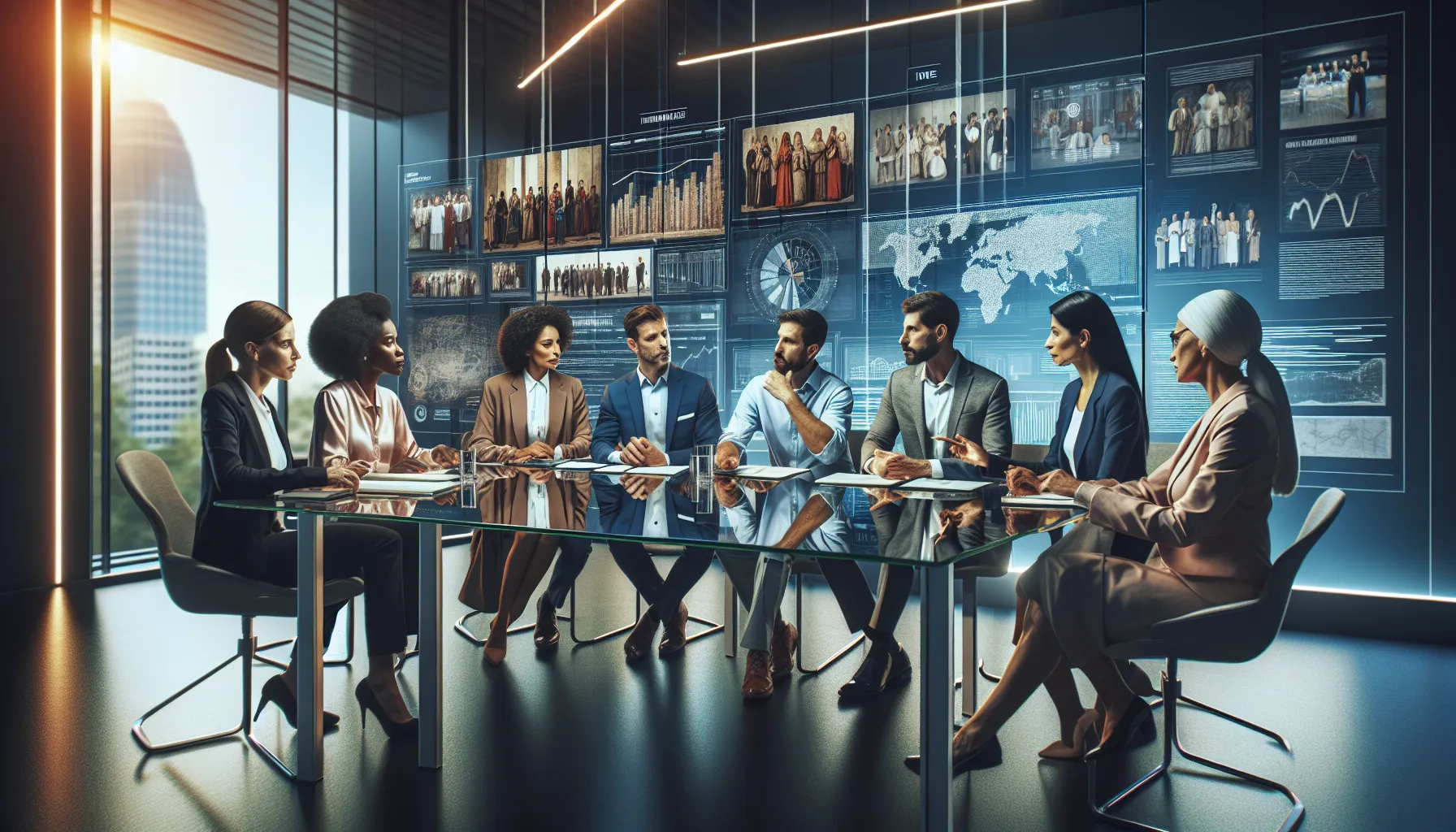 diverse team discussing community welfare in a modern office.