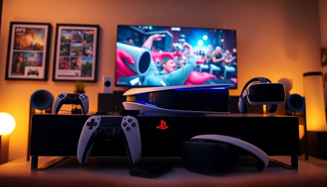 a modern PlayStation setup with console, controllers, and VR headset.